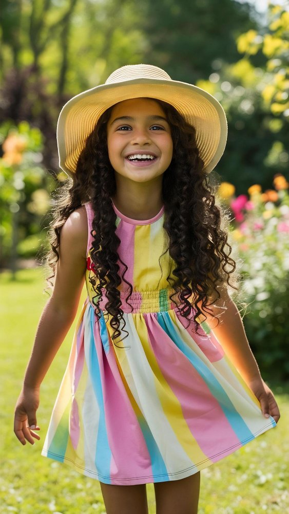 Criança sorrindo em vestido colorido.